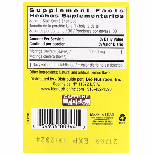 Bio Nutrition, Moringa Tea, Lemon, Caffeine Free, 30 Tea Bags, 2.1 oz (58.8 g)