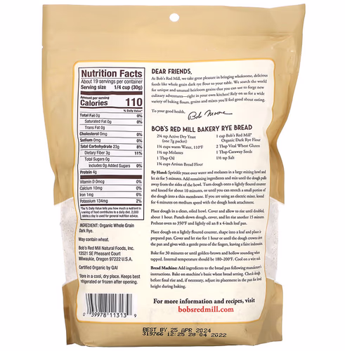 Bob's Red Mill, Organic Dark Rye Flour, Whole Grain, 20 oz (567 g) Bob's Red Mill, Organic Dark Rye Flour, Whole Grain, 20 oz (567 g)