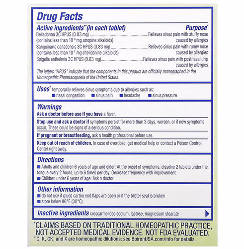 Boiron, SinusCalm Allergy, Sinus Relief, Unflavored, 60 Meltaway Tablets