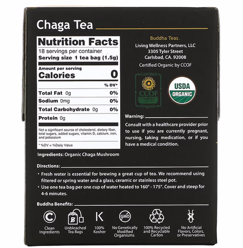Buddha Teas, Organic Herbal Tea, Chaga Mushroom, 18 Tea Bags, 0.95 oz (27 g)