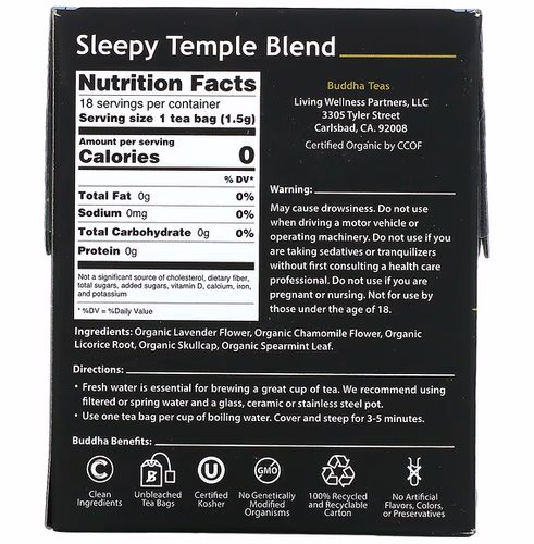 Buddha Teas, Organic Herbal Tea, Sleepy Temple Blend, 18 Tea Bags, 0.95 oz (27 g)