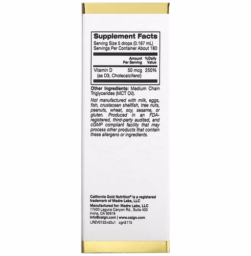 California Gold Nutrition, Vitamin D3 (Unflavored), 2, 000 IU, 1 fl oz (30 ml) California Gold Nutrition, Vitamin D3 (Unflavored), 2, 000 IU, 1 fl oz (30 ml)