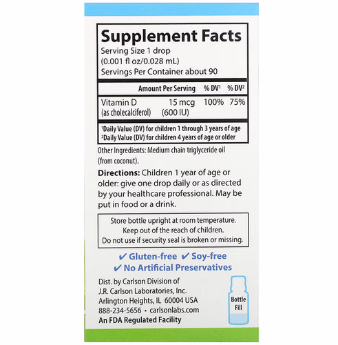 Carlson, Kid's Super Daily D3, 15 mcg (600 IU), 90 Vegetarian Drops, 0.086 fl oz (2.54 ml)