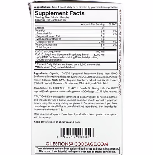 Codeage, Nanofood, Wonder Heart, Liposomal CoQ10, Raspberry, 30 Pouches, 0.3 fl oz (10 ml) Each Codeage, Nanofood, Wonder Heart, Liposomal CoQ10, Raspberry, 30 Pouches, 0.3 fl oz (10 ml) Each