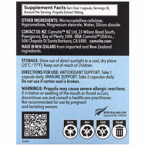 Comvita, Immune Bee Propolis, Regular Strength Immune Support, PFL15, 30 Veg Capsules