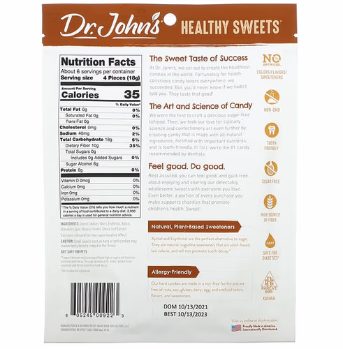 Dr. John's Healthy Sweets, Chocolate Hard Candy, + Fiber, Sugar Free, 3.85 oz (109 g)
