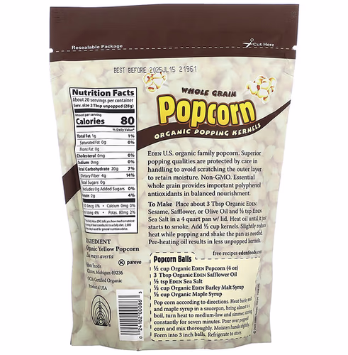 Eden Foods, Popcorn, Organic Popping Kernels, 20 oz (566 g)
