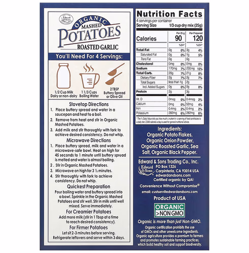 Edward & Sons, Organic Mashed Potatoes, Roasted Garlic, 3.5 oz (100 g) Edward & Sons, Organic Mashed Potatoes, Roasted Garlic, 3.5 oz (100 g)