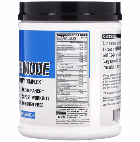 EVLution Nutrition, RECOVERMODE, Complete Recovery Complex, Blue Raz, 22.23 oz (630 g)