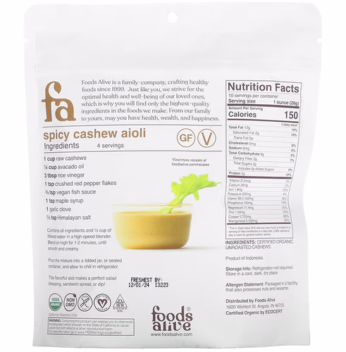 Foods Alive, Cashews, Whole, 10 oz (284 g) Foods Alive, Cashews, Whole, 10 oz (284 g)