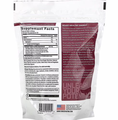 Force Factor, Total Beets, Healthy Energy + Antioxidants, Acai Berry, 325 mg, 60 Chews Force Factor, Total Beets, Healthy Energy + Antioxidants, Acai Berry, 325 mg, 60 Chews