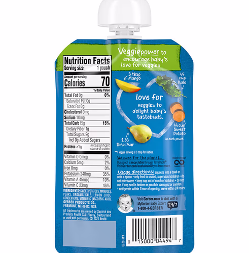 Gerber, Natural for Baby, Veggie Power, 2nd Foods, Sweet Potato, Mango, Pear & Kale, 3.5 oz (99 g) Gerber, Natural for Baby, Veggie Power, 2nd Foods, Sweet Potato, Mango, Pear & Kale, 3.5 oz (99 g)