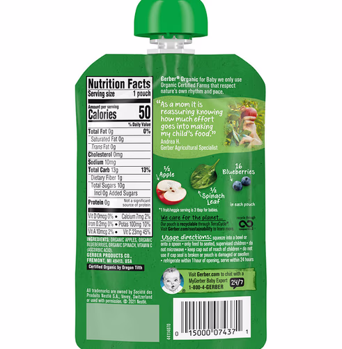 Gerber, Organic for Baby, 2nd Foods, Apple, Blueberry, Spinach, 3.5 oz (99 g) Gerber, Organic for Baby, 2nd Foods, Apple, Blueberry, Spinach, 3.5 oz (99 g)