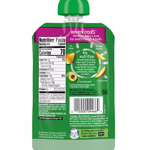 Gerber, Organic for Baby, Wonderfoods, 2nd Foods, Pear, Mango, Avocado, 3.5 oz (99 g) Gerber, Organic for Baby, Wonderfoods, 2nd Foods, Pear, Mango, Avocado, 3.5 oz (99 g)