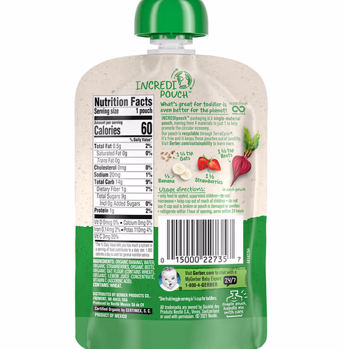 Gerber, Organic For Toddler, 12+ Months, Banana, Strawberry, Beet, Oatmeal Puree, 3.17 oz (90 g) Gerber, Organic For Toddler, 12+ Months, Banana, Strawberry, Beet, Oatmeal Puree, 3.17 oz (90 g)