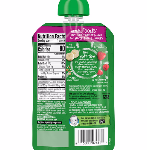 Gerber, Organic for Toddler, Wonder Foods, 12+ Months, Banana, Strawberry, Raspberry, Mixed Grain, 3.5 oz (99 g) Gerber, Organic for Toddler, Wonder Foods, 12+ Months, Banana, Strawberry, Raspberry, Mixed Grain, 3.5 oz (99 g)