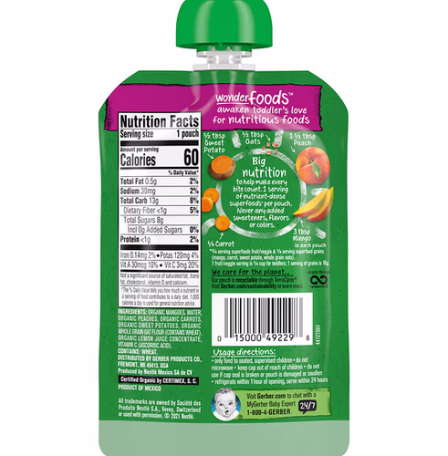 Gerber, Organic for Toddler, WonderFoods, 12+ Months, Mango Peach Carrot Sweet Potato Oatmeal, 3.5 oz (99 g) Gerber, Organic for Toddler, WonderFoods, 12+ Months, Mango Peach Carrot Sweet Potato Oatmeal, 3.5 oz (99 g)