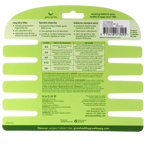 Green Sprouts, Stay-Dry Bibs, 3-12 Months, Aqua, 10 Pack