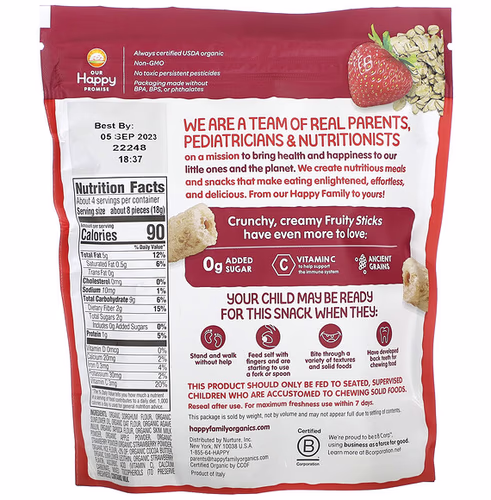 Happy Family Organics, Happy Tot, Fruity Sticks, Organic Strawberry, 2.54 oz (72 g) Happy Family Organics, Happy Tot, Fruity Sticks, Organic Strawberry, 2.54 oz (72 g)