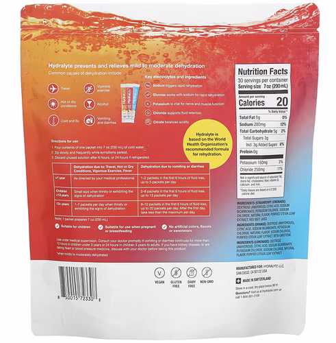 Hydralyte, Advanced Hydration, Variety Pack, Orange, Strawberry Lemonade, Lemonade, 30 Packets, 0.21 oz (6 g) Each