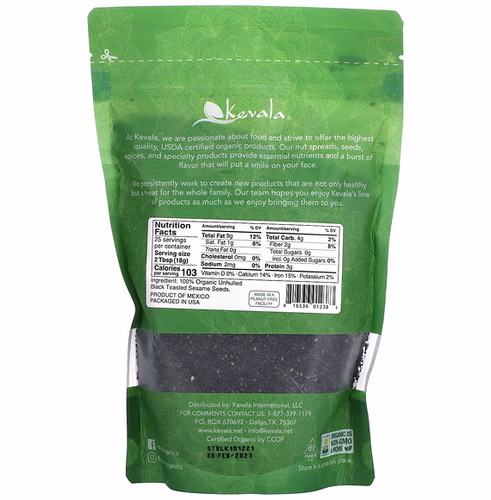 Kevala, Organic Black Toasted Sesame Seeds, Unhulled, 16 oz (454 g)