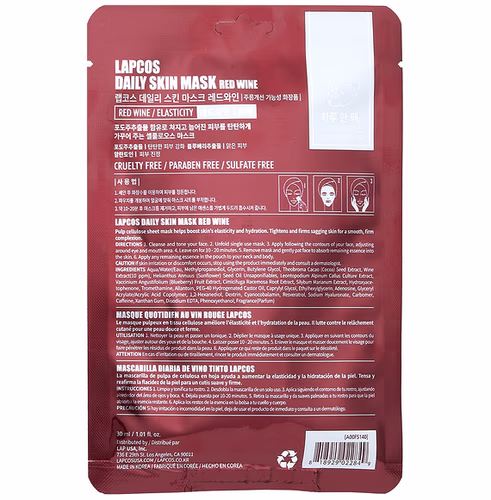 Lapcos, Red Wine Beauty Sheet Mask, Elasticity, 1 Sheet, 1.01 fl oz (30 ml) Lapcos, Red Wine Beauty Sheet Mask, Elasticity, 1 Sheet, 1.01 fl oz (30 ml)