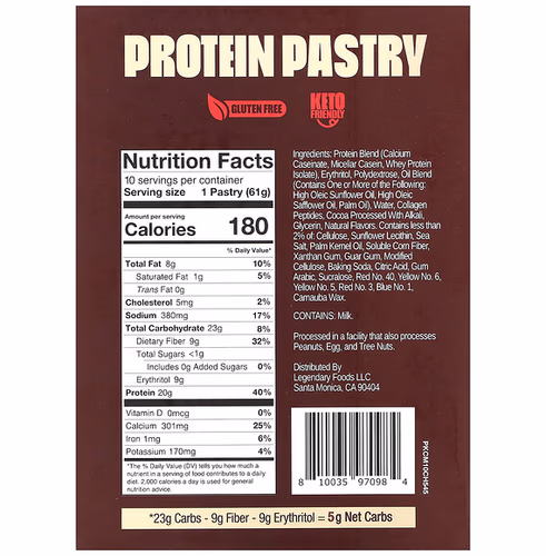 Legendary Foods, Protein Pastry, Chocolate Cake, 10 Pack, 2.2 oz (61 g) Each