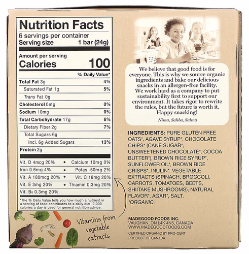 MadeGood, Granola Bars, Chocolate Chip, 6 Bars, 0.85 oz (24 g) Each MadeGood, Granola Bars, Chocolate Chip, 6 Bars, 0.85 oz (24 g) Each