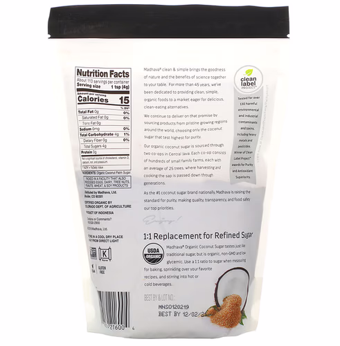 Madhava Natural Sweeteners, Organic Coconut Sugar, Unrefined, 1 lb (454 g)