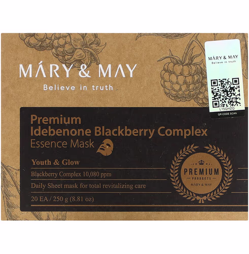 Mary & May 優質艾地苯醌黑莓複合物,精華美容面膜,20 片,0.44 盎司(12.5 克) 香港 Mary & May 優質艾地苯醌黑莓複合物,精華美容面膜,20 片,0.44 盎司(12.5 克) 香港