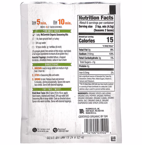 McCormick, Organic Seasoning Mix, Taco, 1 oz (28 g) McCormick, Organic Seasoning Mix, Taco, 1 oz (28 g)