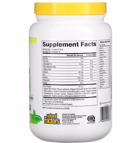 Natural Factors, Raw Organic 100% Plant-Based Protein, Natural Unflavored, 0.9 lb (417 g)