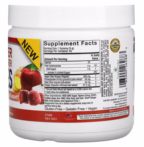 Nature's Answer, Apple Cider Vinegar + Ginger Gummies with The Mother, 500 mg, 45 Pectin Gummies Nature's Answer, Apple Cider Vinegar + Ginger Gummies with The Mother, 500 mg, 45 Pectin Gummies