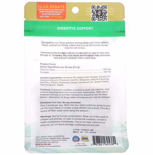 NaturVet, Scoopables, Hairball Aid Daily Support + Pumpkin, For Cats, Salmon, 45 Scoops, 5.5 oz (157.5 g)