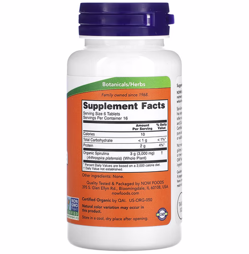 NOW Foods, Certified Organic Spirulina, 500 mg, 100 Tablets NOW Foods, Certified Organic Spirulina, 500 mg, 100 Tablets