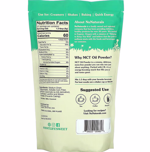 NuNaturals, MCT Oil Powder, Unflavored, 1 lb (454 g)