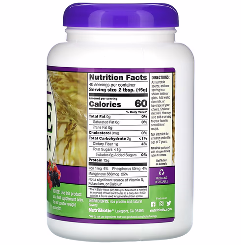 NutriBiotic, Rice Protein Powder, Mixed Berry, 1 lb. (600 g) NutriBiotic, Rice Protein Powder, Mixed Berry, 1 lb. (600 g)