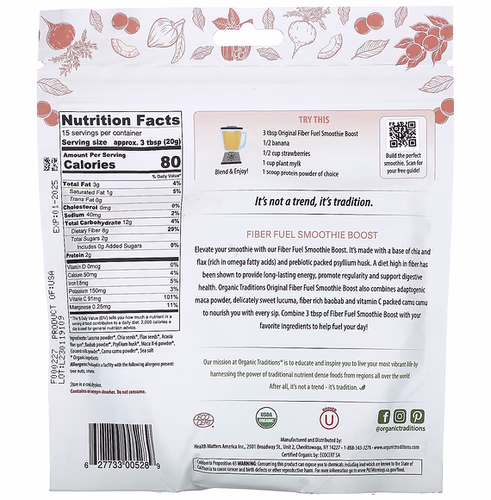 Organic Traditions, Fiber Fuel Smoothie Boost, Original, 10.6 oz (300 g) Organic Traditions, Fiber Fuel Smoothie Boost, Original, 10.6 oz (300 g)