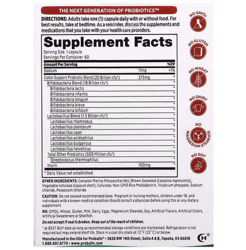 Probulin, Colon Support Probiotic, 20 Billion CFU, 60 Capsules