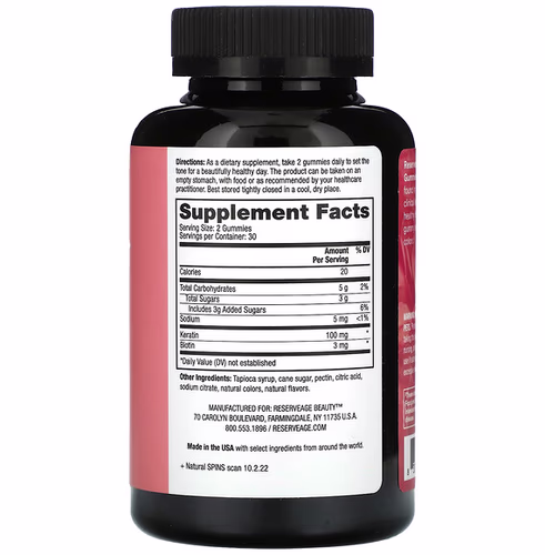 Reserveage Nutrition, Keratin Hair Booster Gummies With Biotin, Strawberry, 60 Gummies