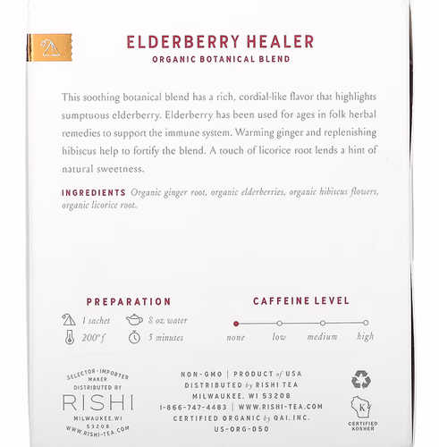 Rishi Tea, Elderberry Healer, Caffeine-Free, 15 Sachets, 2.11 oz (60 g)