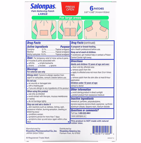 Salonpas, Pain Relieving Patch, Large, 6 Patches Salonpas, Pain Relieving Patch, Large, 6 Patches