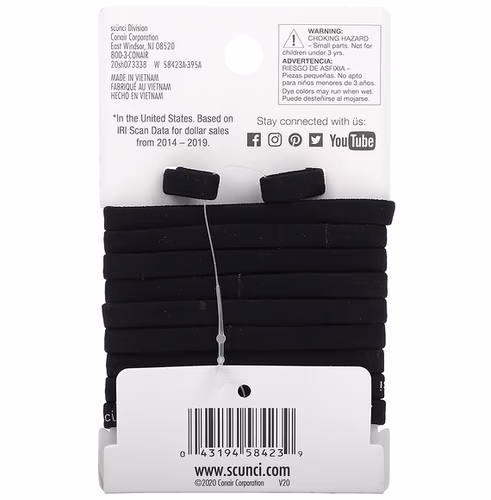 Scunci, No Slip Grip Elastics, Comfortable, All Day Strong Hold, Black, 10 Pieces
