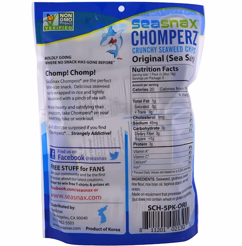 SeaSnax, Chomperz, Crunch Seaweed Chips, Original, 5 Single Serve Packs, 0.28 oz (8 g) Each SeaSnax, Chomperz, Crunch Seaweed Chips, Original, 5 Single Serve Packs, 0.28 oz (8 g) Each