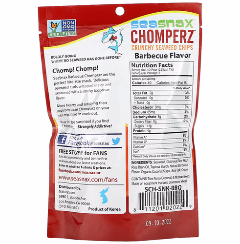 SeaSnax, Chomperz, Crunchy Seaweed Chips, Barbecue, 1 oz (30 g)