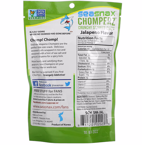 SeaSnax, Chomperz, Crunchy Seaweed Chips, Jalapeno, 1 oz (30 g) SeaSnax, Chomperz, Crunchy Seaweed Chips, Jalapeno, 1 oz (30 g)