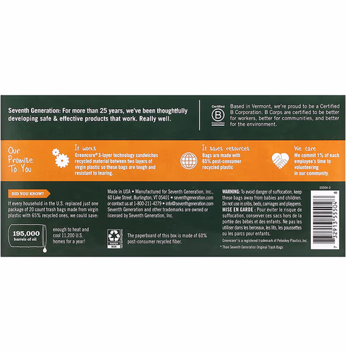 Seventh Generation, Tall Kitchen Drawstring Trash Bags, Extra Strong, White, 20 Bags, 13 Gal (49 L) Each Seventh Generation, Tall Kitchen Drawstring Trash Bags, Extra Strong, White, 20 Bags, 13 Gal (49 L) Each
