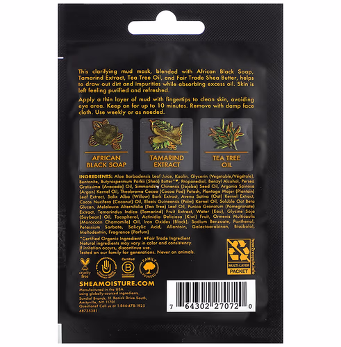 SheaMoisture, African Black Soap, Clarifying Mud Beauty Mask w/ Tamarind Extract & Tea Tree Oil, 0.5 oz (14 g) SheaMoisture, African Black Soap, Clarifying Mud Beauty Mask w/ Tamarind Extract & Tea Tree Oil, 0.5 oz (14 g)