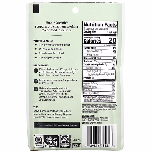 Simply Organic, Fajita Seasoning Mix, 12 Packets, 1 oz (28 g) Each Simply Organic, Fajita Seasoning Mix, 12 Packets, 1 oz (28 g) Each