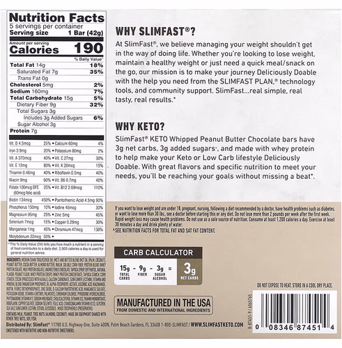SlimFast, Meal, Keto, Whipped Peanut Butter Chocolate, 5 Pack, 1.48 oz (42 g) Each
